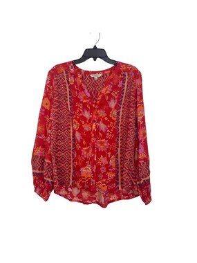 Liverpool Los Angeles Womens Red/Orange Floral Button-Down Blouse L 100% Viscose